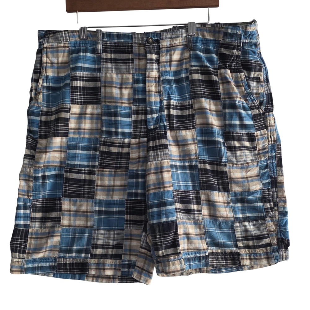 Y2K Izod Men's Preppy Blue Patchwork Madras Shorts 40 Traditional Coastal